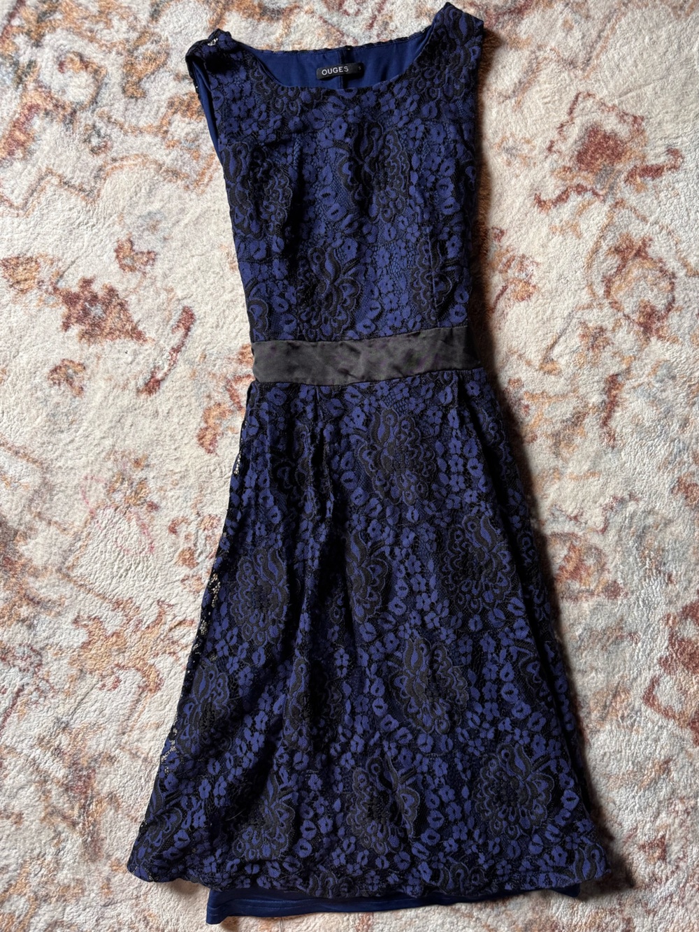 OUGES Women's Blue and Black Lace A-Line Dress with Black Waistband